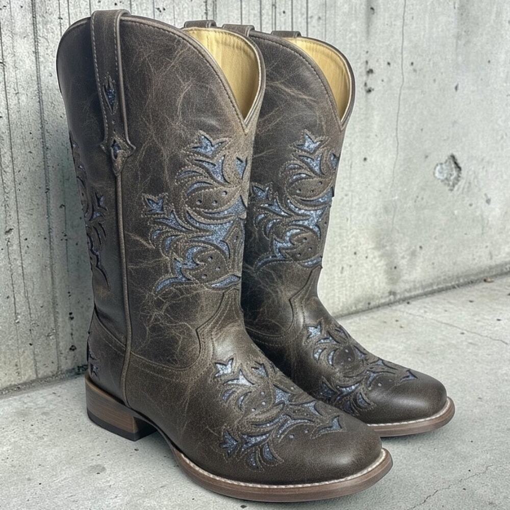 Roper Womens Riley Glitz Tooled Inlay Square Toe Mid Calf Cowgirl Boots Size 8.5